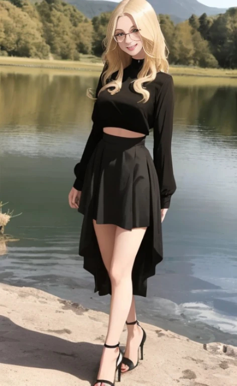 A 23 years old  blonde beautiful woman, wearing a long black skirt, black high heels, a top with poofy long sleeves and glasses, standing at a lake, facial freckles, calm smile, short wavy hair.