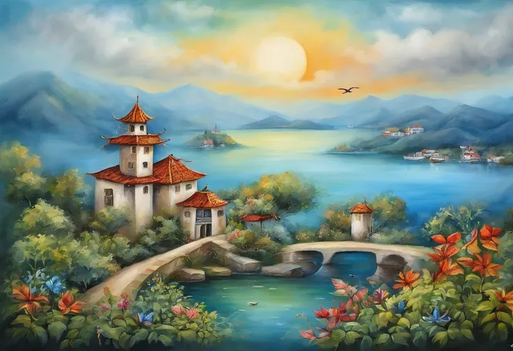 In the sea。There is a small island in the middle of the bay，The island is covered with green vegetation。The water is a tranquil lake blue，contrasts with the deep blue in the sky。Behind the island is a group of buildings，wide range of colors，May be resident...