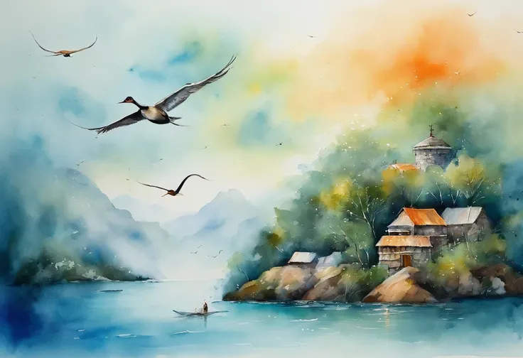 In the sea。There is a small island in the middle of the bay，The island is covered with green vegetation。The water is a tranquil lake blue，contrasts with the deep blue in the sky。Behind the island is a group of buildings，wide range of colors，May be resident...