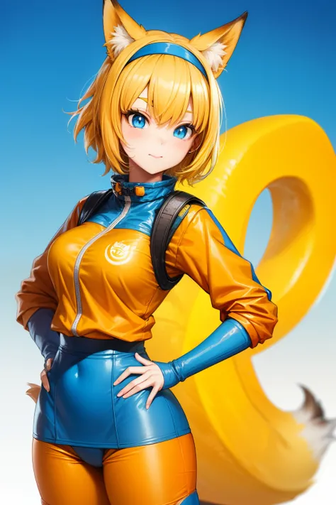 Cute girl, short yellow hair, headband, blue eyes, orange clothes,Ramen, fox, ninja, adult girl