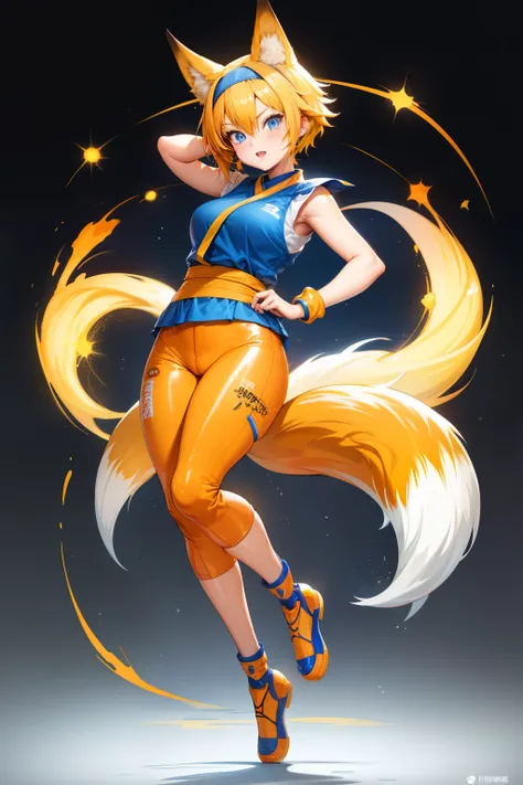 Cute girl, short yellow hair, headband, blue eyes, orange clothes,Ramen, fox, ninja, adult girl, full body