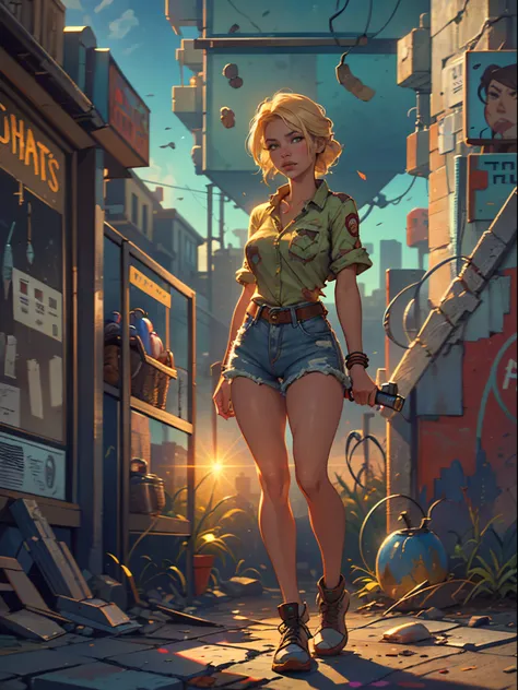 2076 year. The Urban Ruins of the Wasteland, Female huntress picking fruit in the garden, beautiful face, blonde, badly torn shirt and denim shorts ,  long legs, sweating through, sun rising, Nice warm colors, head to toe full body shot