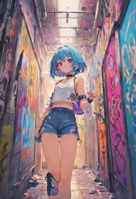 masterpiece, best quality, 1girl, solo, crop top, denim shorts, choker, (graffiti:1.5), paint splatter, arms behind back, against wall, looking at viewer, armband, thigh strap, paint on body, head tilt, bored, multicolored hair, aqua eyes, headset,