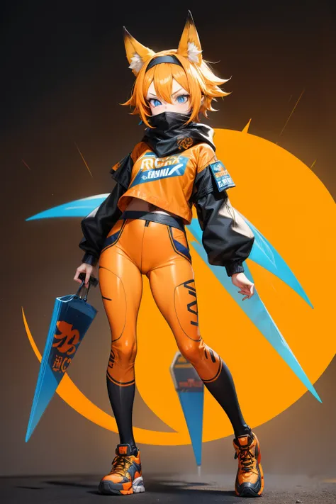 Cute girl, short yellow hair, headband, blue eyes, orange clothes,Ramen, fox, ninja, adult girl, full body, Black and orange clothes, a black bandana covering her forehead