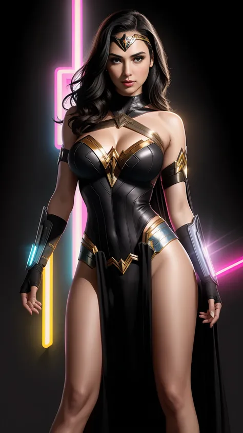 there is Gal Gadot as Wonder Woman standing, 3 d neon art of a womans body, neon-noir background, cyberpunk femme fatale, seductive cyberpunk dark fantasy, cyberpunk strip clubs, cyberpunk 20 y. o model girl, oppai cyberpunk, banner, high definition cgsoci...