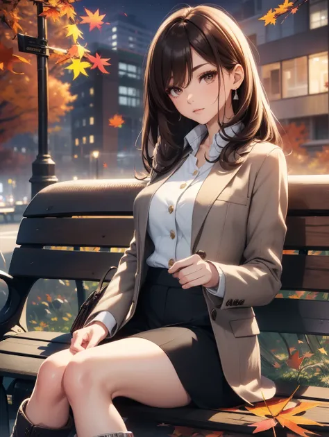 Best Quality, masutepiece, beautiful mature women、Beautiful face、Strong-minded woman、Officelady、(white crop tweed jacket、Black boots、Autumn outfit:1.5)、(brown haired、Bangs are asymmetrical)、((Brown-eyed))、Longhaire、Undersized eyes、(((sit on a bench:1.5)))、...