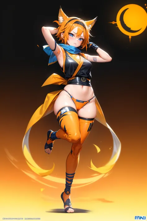 Cute girl, short yellow hair, headband, blue eyes, orange clothes,Ramen, fox, ninja, adult girl, full body, Black and orange clothes, a black bandana covering her forehead, sexy body, sexy, sex, porn