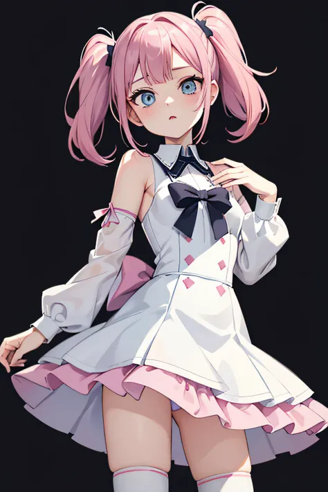 pale blue eyes, dark pink hair color, double.ponytails, pale skin color, no background, transparent png, cute pose, cute girl, fancy idol dress, white dress, JK, 17-year-old, slightly tall,  over-the-knee socks