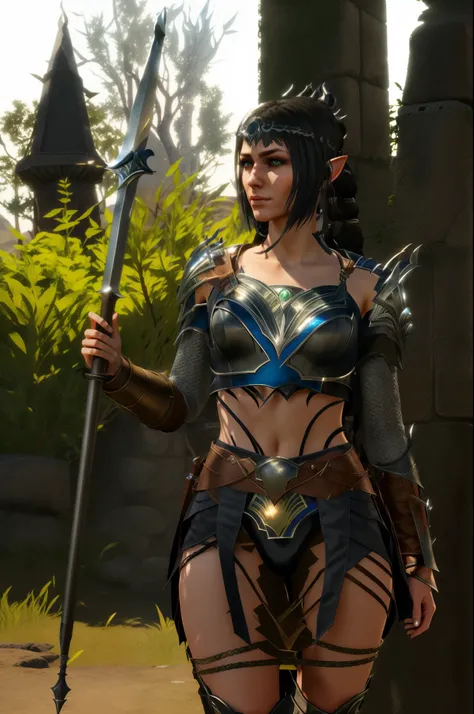 a close up of a person in armor holding a sword, shadowheart, baldurs gate 3, elven character with smirk, half elf woman, elder scrolls colourised, female elf, small character. unreal engine 5, female lead character, female character, half orc half elf wom...