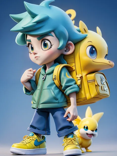 (Best quality,4K,8K,A high resolution,tmasterpiece:1.2),ultra - detailed,(actual,realistically,realistically:1.37),Toy style,lovely boy,Cute face,[White Nike Air Force 1 shoes],Blue hair,Carrying a rucksack,Standing next to the yellow Pokémon,3D anime styl...