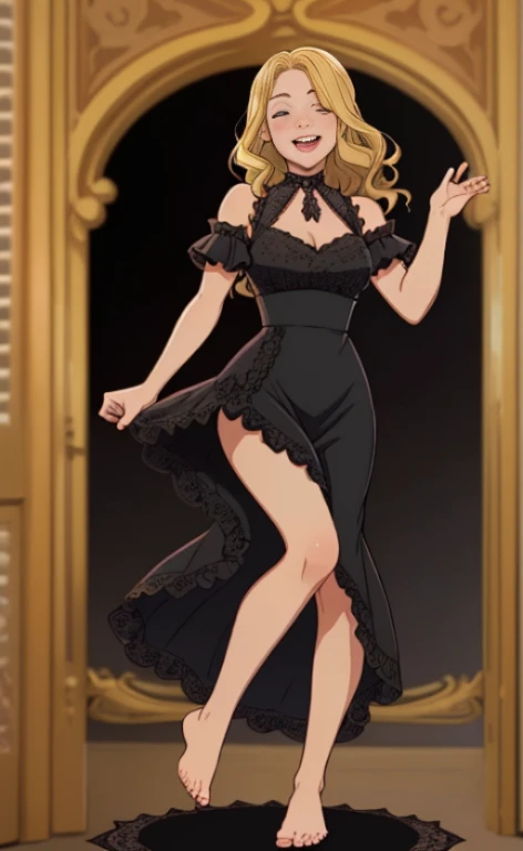 A beautiful, happy blonde barefoot woman, who wears a black lace dress with ruffles.