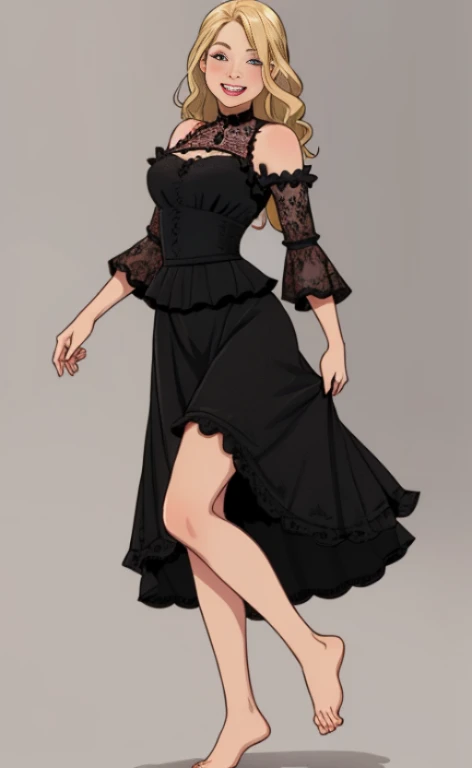 A beautiful, happy blonde barefoot woman, who wears a black lace dress with ruffles.