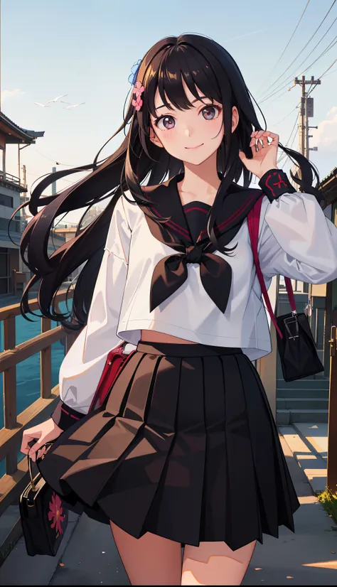 1girl in、AS-Adult、A smile、Light in the eyes、japanese hight school uniform、serafuku、by the wind、If the skirt is、（Ojo）、（small tits）Chilarism、movement、Upper body portrait、