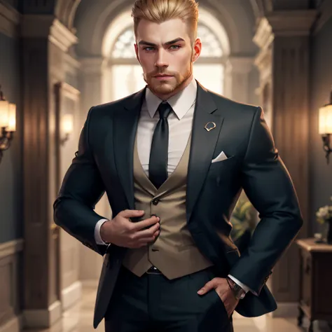 A blond, strong Russian man wearing a suit.