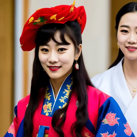 Seulgi of Korean group Red Velvet wearing a red male hanbok with dragon print and her face covered in blood