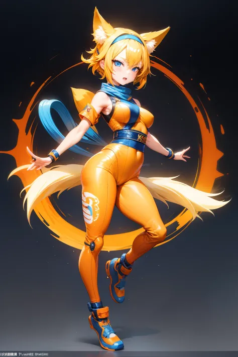 Cute girl, short yellow hair, headband, blue eyes, orange clothes,Ramen, fox, ninja, adult girl, full body, sexy body, sexy, sex,