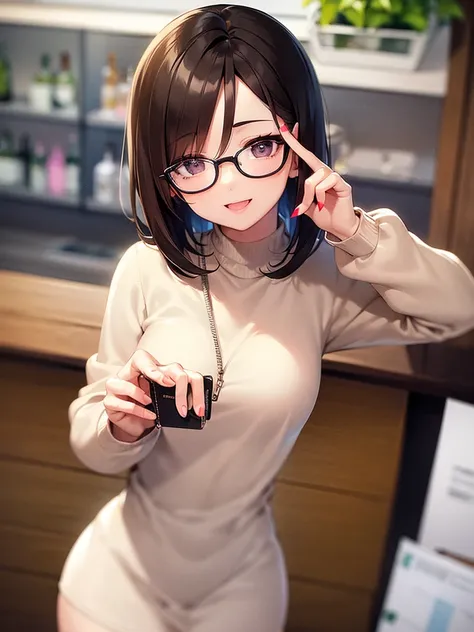 in bar district, a one brown bob hair woman in a casual clothing, rozy mouth, glasses, put up index finger, sexy smile, best quality, beautiful detailed glow.