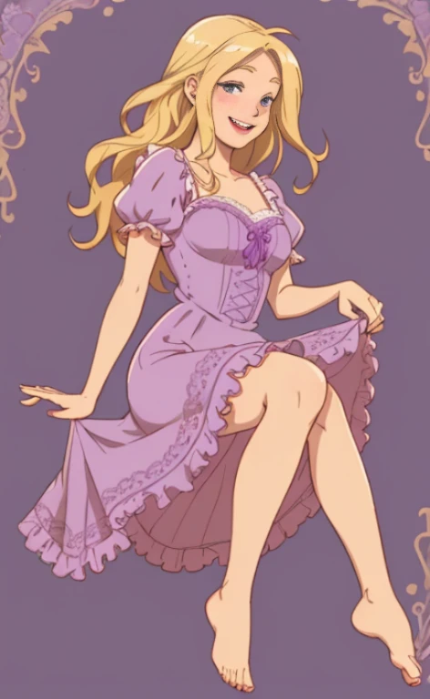 A beautiful, happy blonde barefoot woman, who wears a purple lace dress with ruffles.