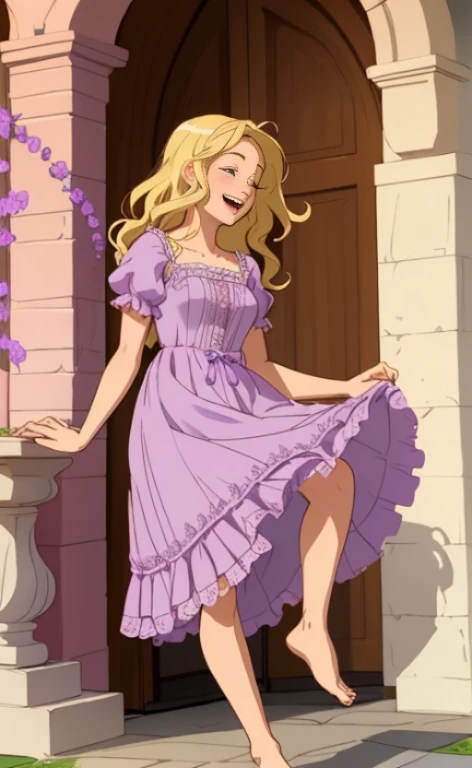 A beautiful, happy blonde barefoot woman, who wears a purple lace dress with ruffles.