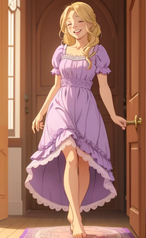 A beautiful, happy blonde barefoot woman, who wears a purple lace dress with ruffles.