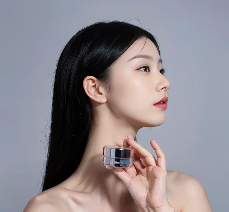 There is a woman holding a small bottle in her hand, Photo shoot for skin care brand, professional product photo, pale milky white porcelain skin, woman with porcelain skin, Porcelain Highlighter Skin, face neck shoulders, Smooth porcelain skin, Milky skin...