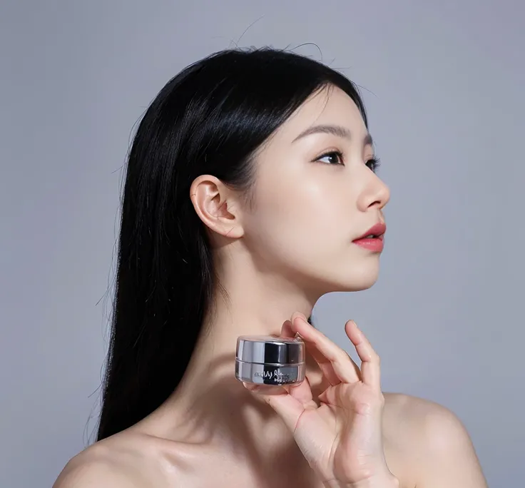 There is a woman holding a small bottle in her hand, Photo shoot for skin care brand, professional product photo, pale milky white porcelain skin, woman with porcelain skin, Porcelain Highlighter Skin, face neck shoulders, Smooth porcelain skin, Milky skin...