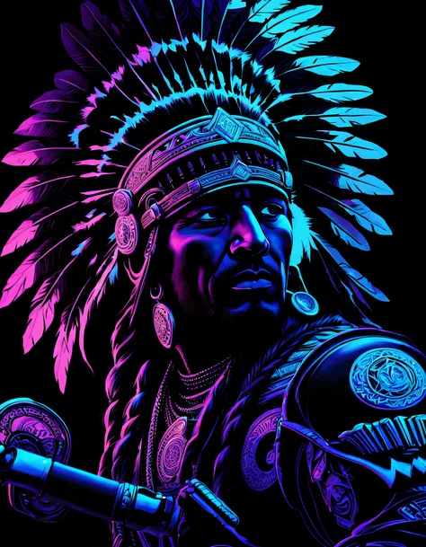 （black light poster art )，（indian chief），black light poster art ，with black background，hight contrast, high saturated