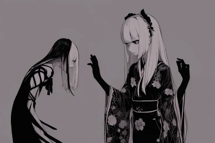 (a very delicate and beautiful）、female pervert、（Maniacal）、Kimono、The human、Gamine、Disgusting、canny、terrifying、独奏、（silhuette）、dark backgrounds、Black figure、（silhuette）、skinny  body、The long-haired、Hollow parts、Nero、