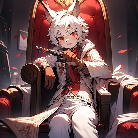 Vampire boy，Shota，deer antlers，shaggy，Deer tail，red eyes，brown and white hair，Wearing a bloody coat，Wearing translucent pants on the lower body，sit on chair，blood stains at the corners of the mouth，Holding a bloody dagger，A desire to control