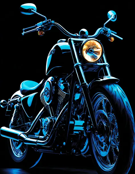 （Black light poster art )，（the motorcycle），Black light poster art ，with black background，hight contrast, high saturated，