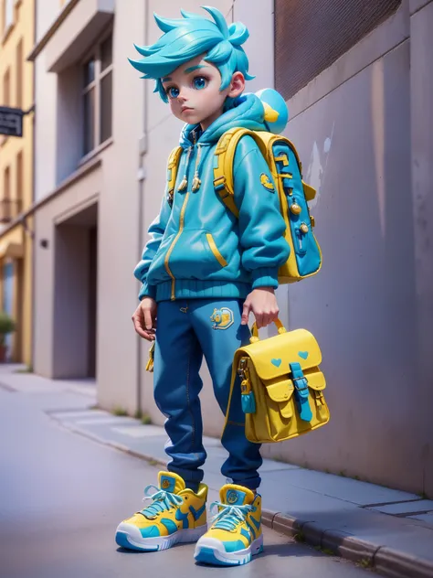 (Best quality at best,4K,8K,A high resolution,tmasterpiece:1.2),ultra - detailed,(actual,realistically,realistically:1.37),Toy style,lovely boy,Cute face,[White Nike Air Force 1 shoes],Blue hair,Carrying a rucksack,Standing next to the yellow Pokémon,3D an...