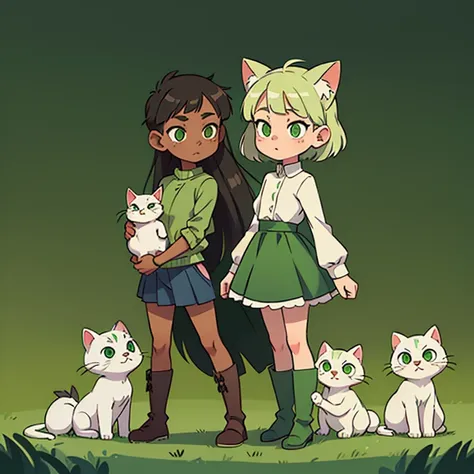 Cat girl in green tones, she has in her arms a white kitten with antennae like a bug. full length image, boots should be visible. A girl should have a full skirt, medium length