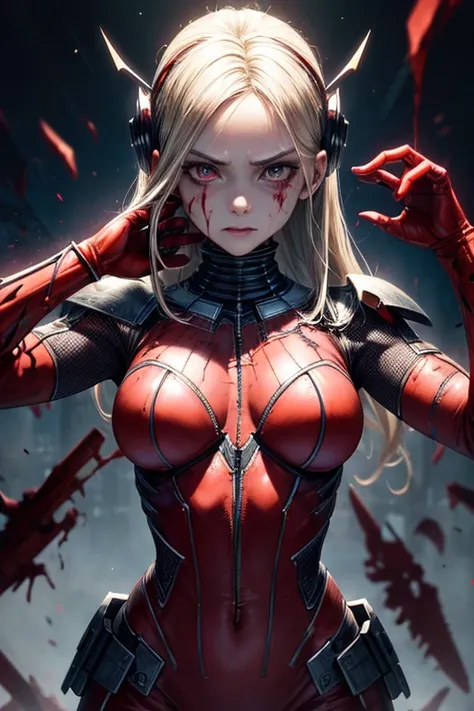 dead evil rotting zombie girl,  Ant Man Cassie Lang, red costume, helmet, evil vilanious look, menacing, bloody, bloodthirsty, ripped clothes, torn apart costume, combat stance, highly detailed, vibrant appearance, creative behavior, extremly detailed, ima...