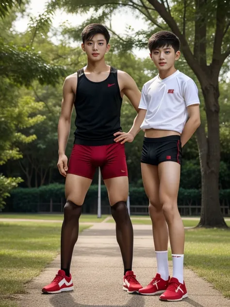 16 years old teenagers , very young , light-skin , wearing an dark red sexy underwear, tmasterpiece，k hd，the feet，Transparent sports vest，semi transparent，black long socks，The barefoot , red colour , handsome and cute , extreme cute boy , white skin , dark...