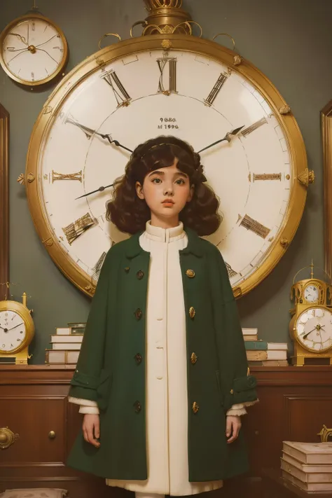 mysterious white magical city. ((wide view)) inside a Palace room full of ((many hundreds of clocks)). Pre-raphaelite ((((9-year-old)) Momo)), homeless girl, messy short curly hair, oversized coat, ((((big and unkempt Clothing from the 1960s)))), ((curly H...