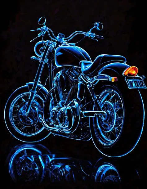 （Black light poster art )，（the motorcycle），Black light poster art ，with black background，hight contrast, high saturated，