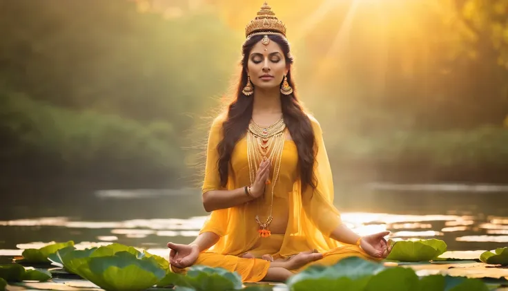 Yoga position light spectrum with the seven chakras around, vibrante colorsa colorslashh An explosion of colors, Beautiful woman in white sitting on water lilies, complex stuff around, intricate in the background, Spiritual, divine, dreamlike, cosmic, mind...