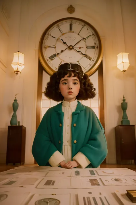 mysterious white magical city. ((wide view)) inside a Palace room full of ((many hundreds of clocks)). Pre-raphaelite ((((9-year-old)) Momo)), homeless girl, messy short curly hair, oversized coat, ((((big and unkempt Clothing from the 1960s)))), ((curly H...