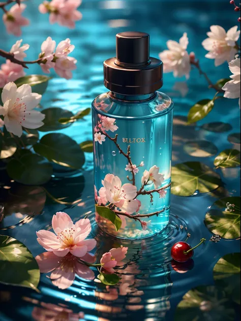 (best quality, 4k, 8k, high resolution, masterpiece), ultra-detailed, photorealistic, blender, makeup bottle, cherry blossom wra...