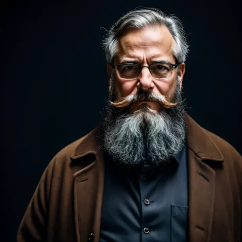 An middle aged historian with beard, standing in front of and facing the camera, looking directly to the camera, black background, hand relaxed, cinematic luts