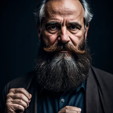 An middle aged historian with beard, standing in front of and facing the camera, looking directly to the camera, black background, hand relaxed, cinematic luts