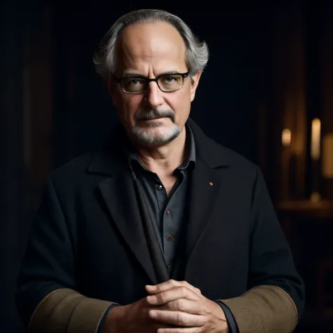 An middle aged historian, standing in front of and facing the camera, looking directly to the camera, black background, hand relaxed, cinematic luts