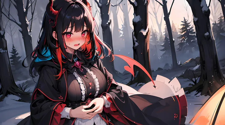 (1 demon girl), front lighting, demon horns, witch uniform, detailed face, camping in forest during winter, multicolored hair, b...