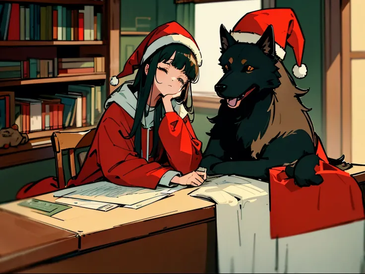 A 20-year-old black-haired woman petting a dog, Calm、Gentle light、black backgrounds、Coffee、head shot、Large houseplants、Lo-Fi Illustration、room with a low table、There are piles of books on the desk、a relaxing sight、Woman in hoodie、Red Santa Hat、looks sleepy...