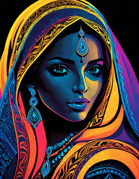 （Black light poster art )，（Arab woman），Black light poster art ，with black background，hight contrast, high saturated，