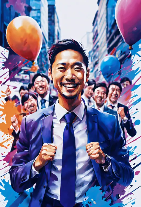 A young businessman who succeeds in self-growth、Create an image depicting your moment of success。Please provide an anatomically correct depiction of the body.。 The image has、Businessman feels confident and satisfied、he is shown doing a fist pump, and the p...