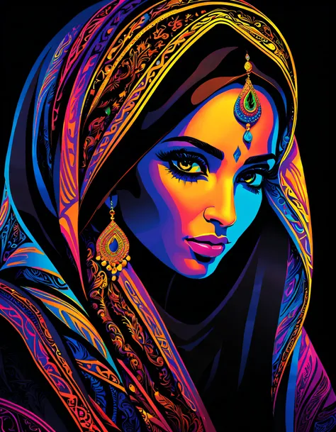 （Black light poster art )，（Arab woman），Black light poster art ，with black background，hight contrast, high saturated，