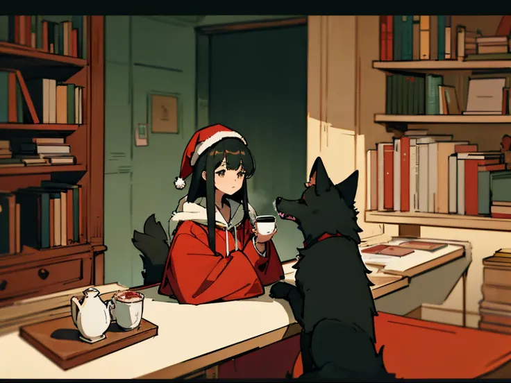 A 20-year-old black-haired woman petting a dog, Calm、Gentle light、black backgrounds、Coffee、head shot、Large houseplants、Lo-Fi Illustration、room with a low table、There are piles of books on the desk、a relaxing sight、Woman in hoodie、Red Santa Hat、looks sleepy...