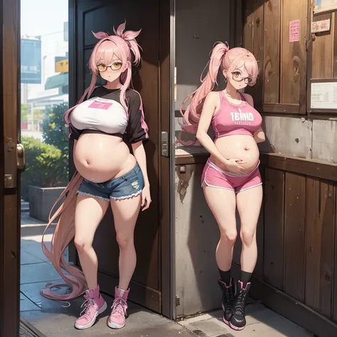 Full body girl, pregnant, huge belly, huge breasts, yellow eyes, glasses, boots, shy, exhausted, earrings, hair ribbon, long hair, side ponytail, pink hair, tsundere, embarrassed, pout, visible belly, hands on belly, cum on belly, sports bra, very thight s...