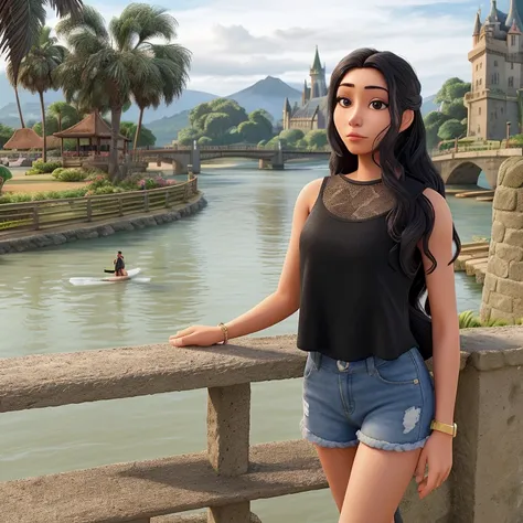 araffe woman standing on a bridge near a body of water, paradise in the background, with a castle in the background, with a park in the background, around 20 yo, cindy avelino, with a volcano in the background, with palm trees in the back, ( castle in the ...